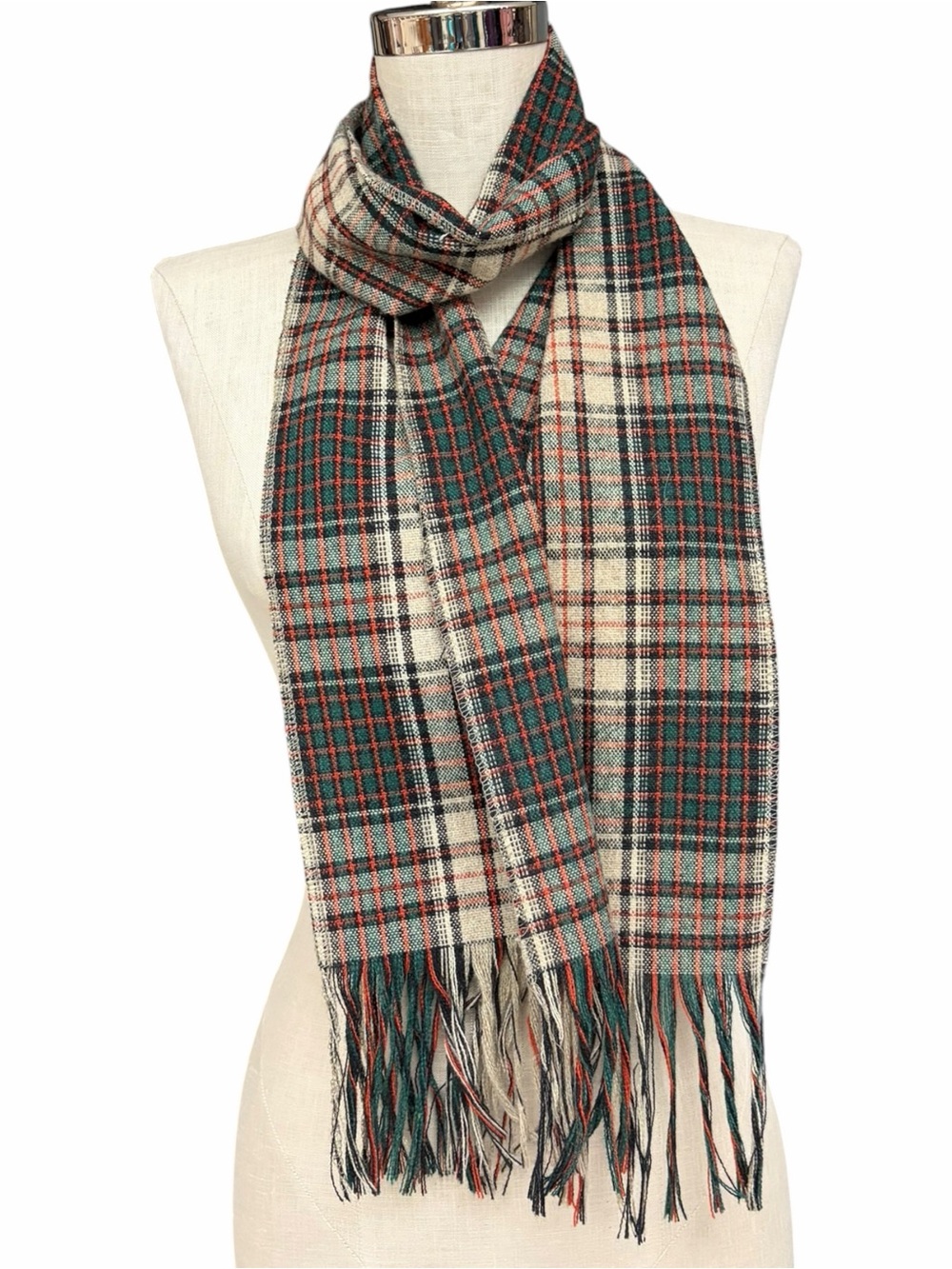 Vintage Tartan Plaid Fringe Scarf Preppy Holiday Winter, Green Red Cream
